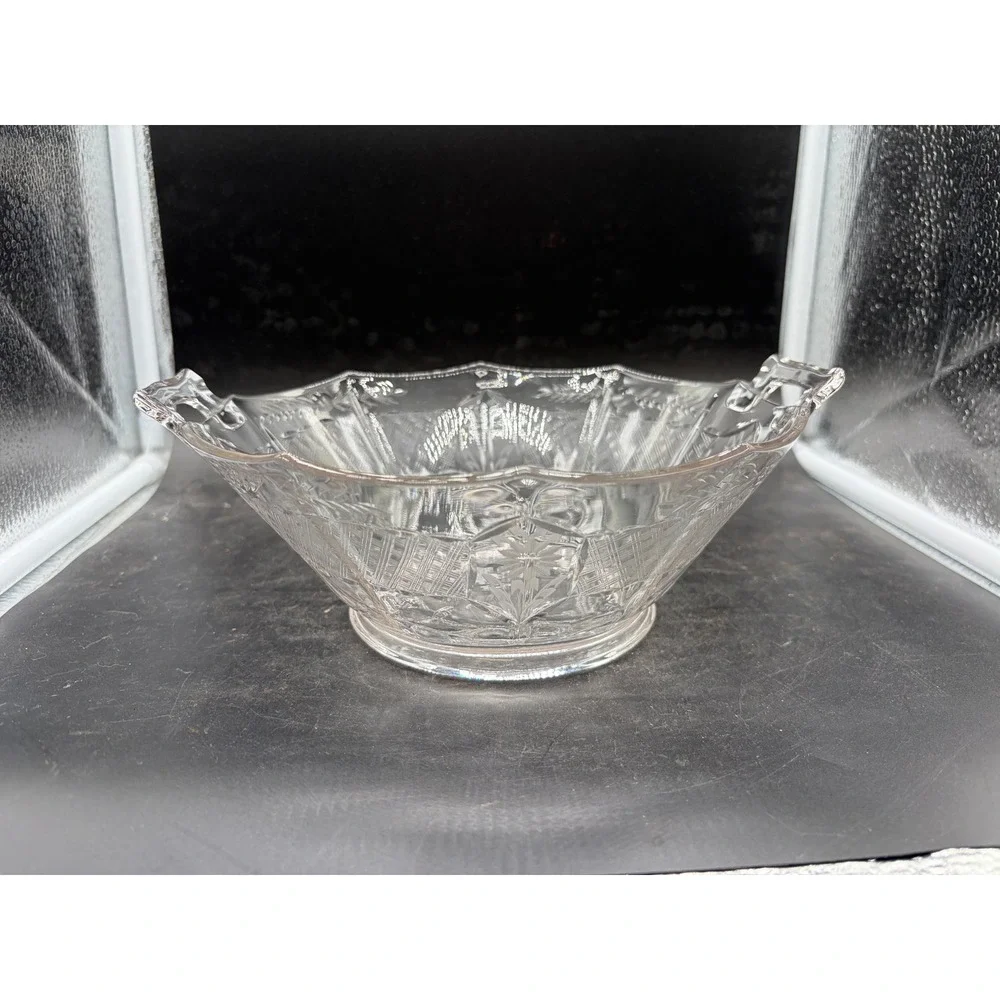 Vintage‎ Clear Etched Glass Octagonal Serving Bowl Floral Geometric Dual Handles